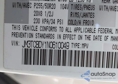 2022 Mazda Cx-9 Grand Touring z USA, uszkodzony, nr VIN JM3TCBDY1N0610049